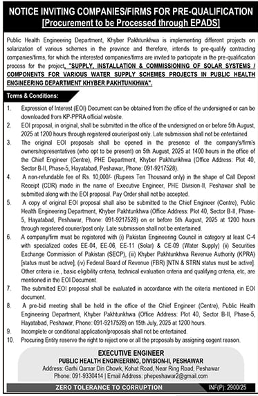 Public Health Engineering Division Peshawar Tender Notice